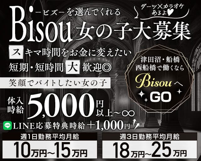 【JR津田沼駅・京成新津田沼駅】GirlsBar Bisou-ビズ-のガールズバー体入