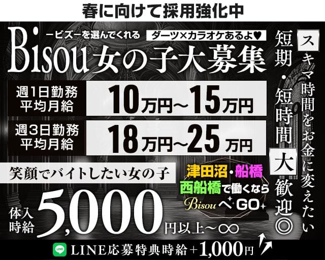 【JR津田沼駅・京成新津田沼駅】GirlsBar Bisou-ビズ-のガールズバー体入