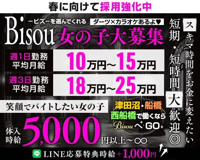 【JR津田沼駅・京成新津田沼駅】GirlsBar Bisou-ビズ-のガールズバー体入