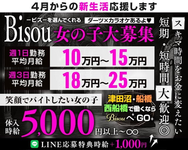 【JR津田沼駅・京成新津田沼駅】GirlsBar Bisou-ビズ-のガールズバー体入