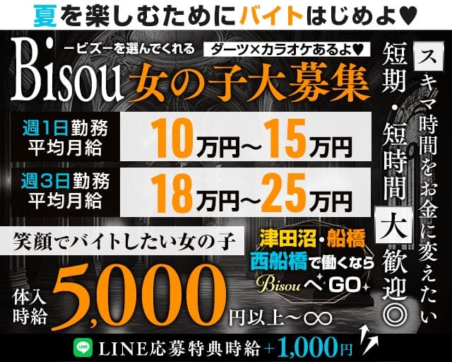 【JR津田沼駅・京成新津田沼駅】GirlsBar Bisou-ビズ-のガールズバー体入