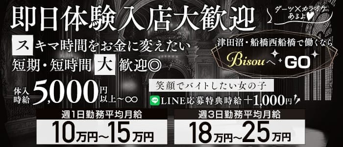 【JR津田沼駅・京成新津田沼駅】GirlsBar Bisou-ビズ-(津田沼ガールズバー)の求人・体験入店情報