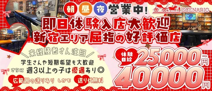 【西新宿】朝・昼・夜 Girls Bar SCENARIO（シナリオ） 新宿ガールズバー 即日体入募集バナー