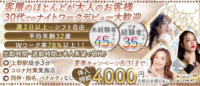 美姉ラウンジ 小鳥遊（たかなし）(上野熟女キャバクラ)の求人・体験入店情報